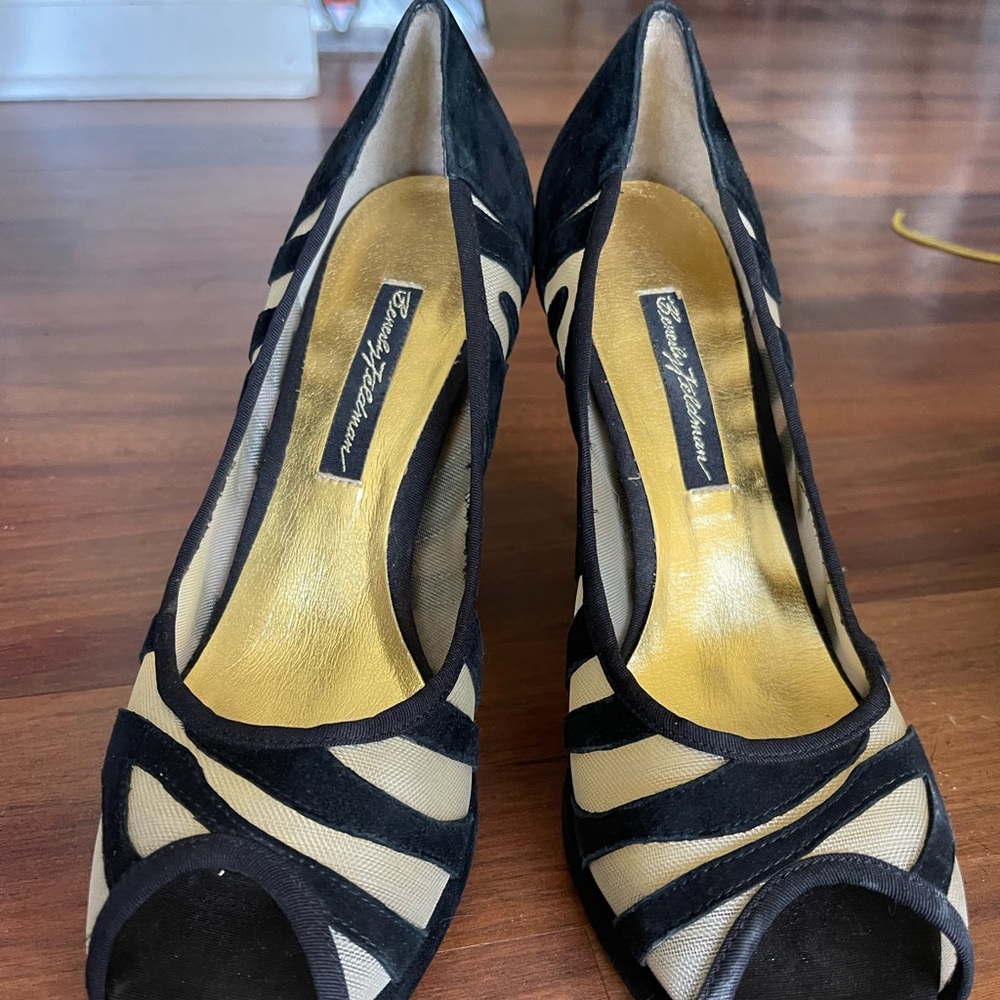 Beverley Feldman Black Suede Peep Toe Pump.
